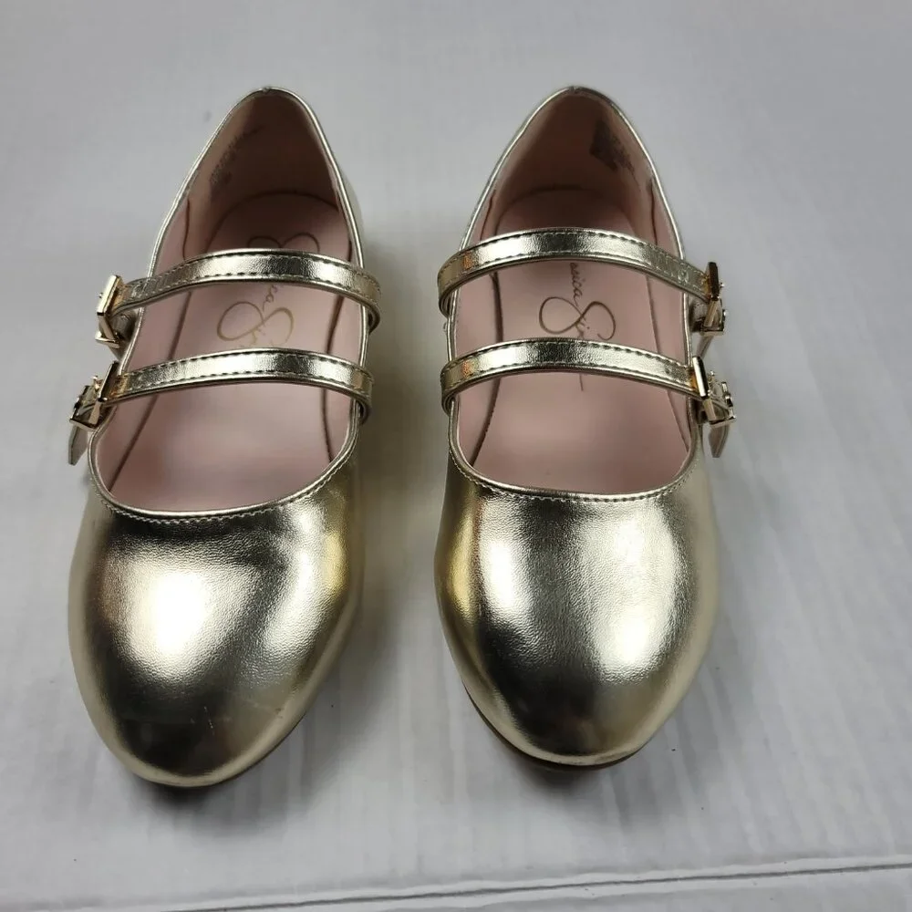 Jessica Simpson Girls Gold Mary Jane Flats Size 3.5 Double Strap Ballet Shoes
